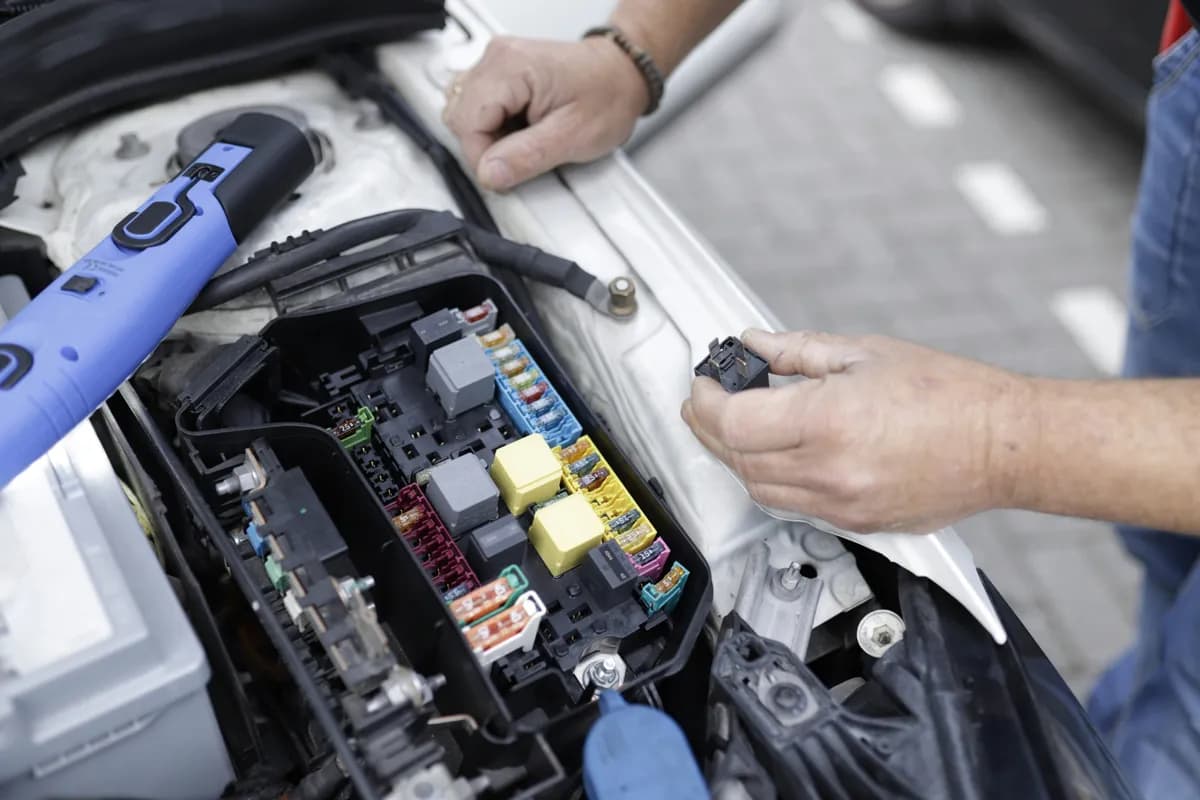 Technician using tablet for vehicle diagnostics